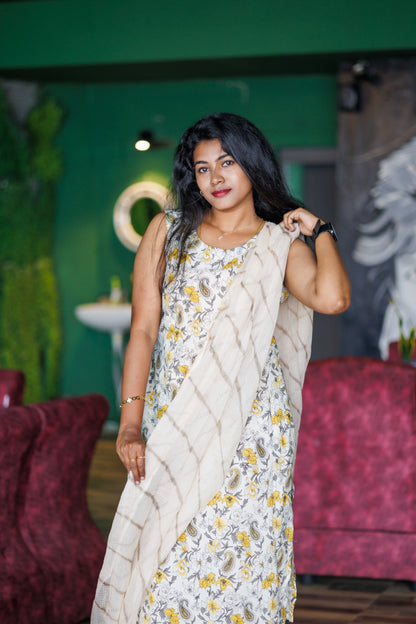 Cream floral kota dupatta Jaipur cotton kurta suit (sleeves attached)