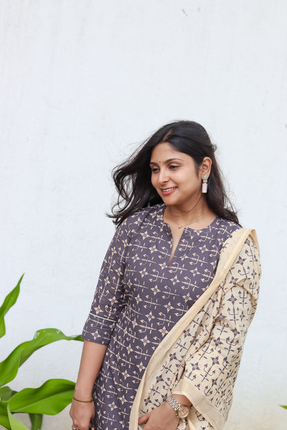 Dark grey & cream pure cotton printed handloom women kurta set