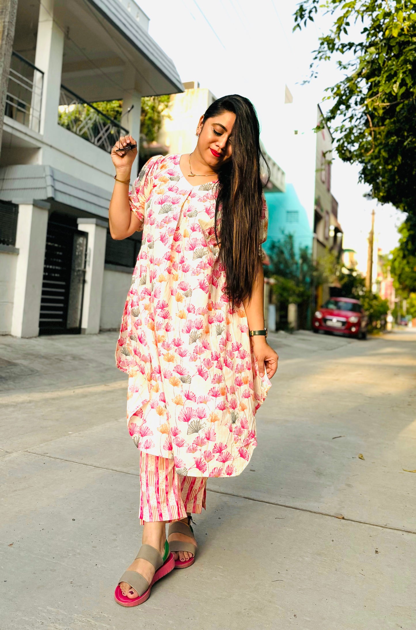 Pink floral kurta set pure cotton