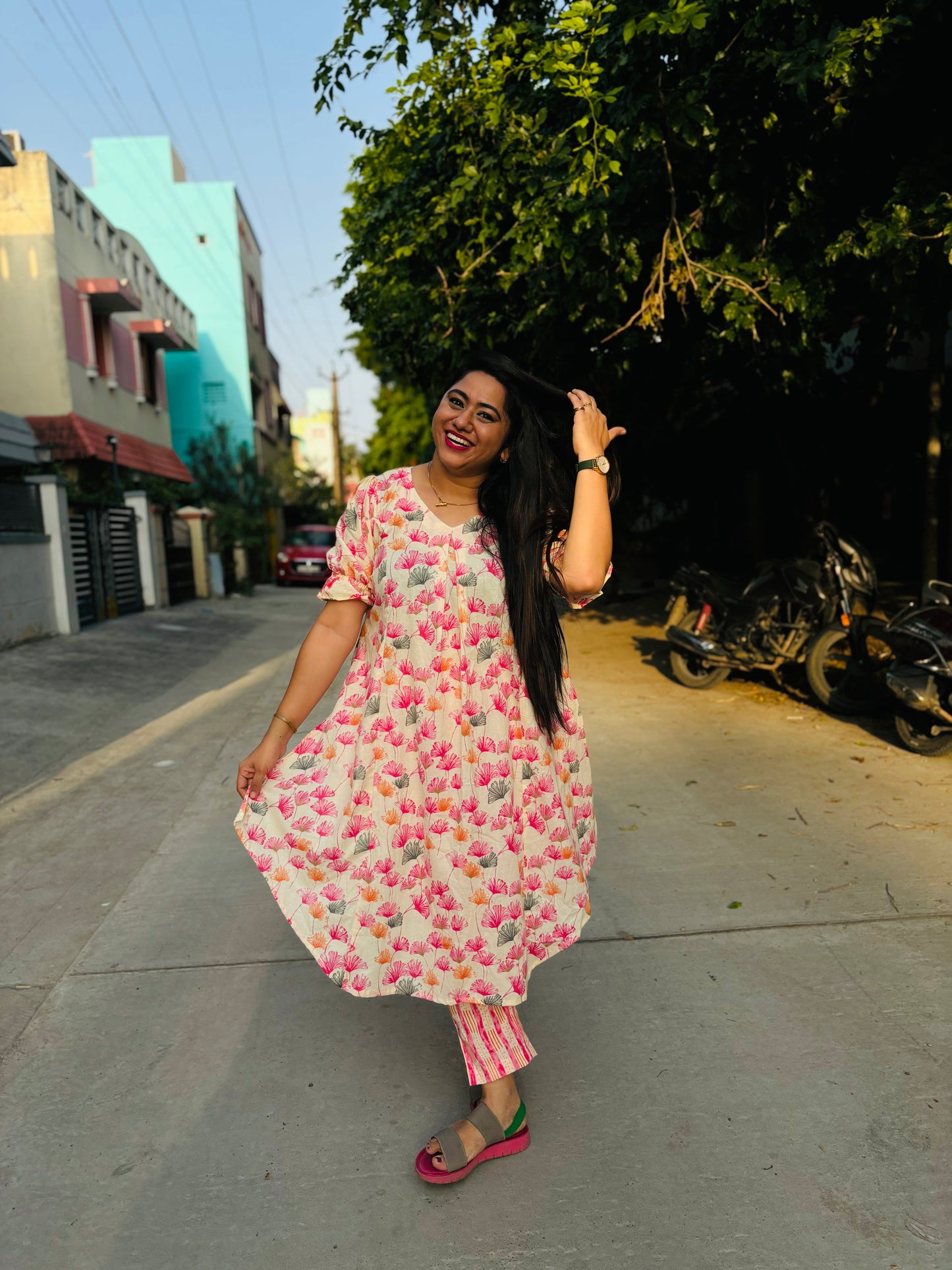 Pink floral kurta set pure cotton