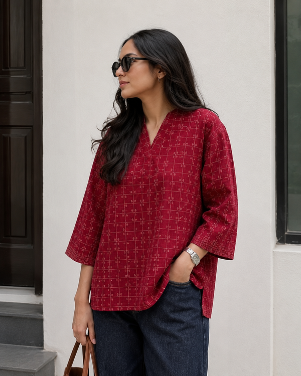 Crimson red Pure Cotton Embroidered Kurta Top | Relaxed Indian Workwear
