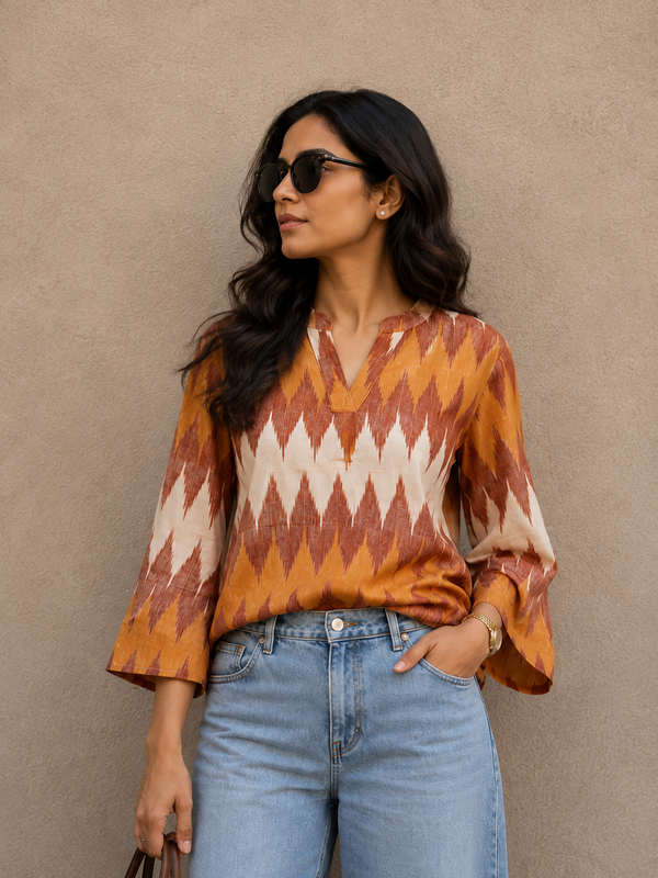 Rust Ikat women Cotton Tunic v neck