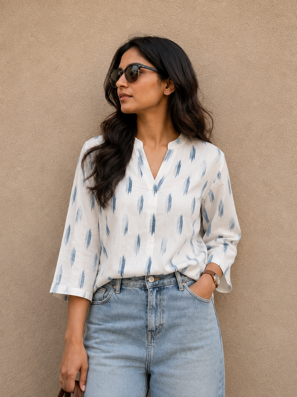Blue Brushstroke Handloom Cotton Tunic – Relaxed V-Neck Workwear Top
