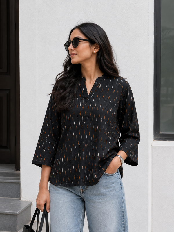 Black Pure Cotton ikat Kurta Top | Relaxed Indian Workwear