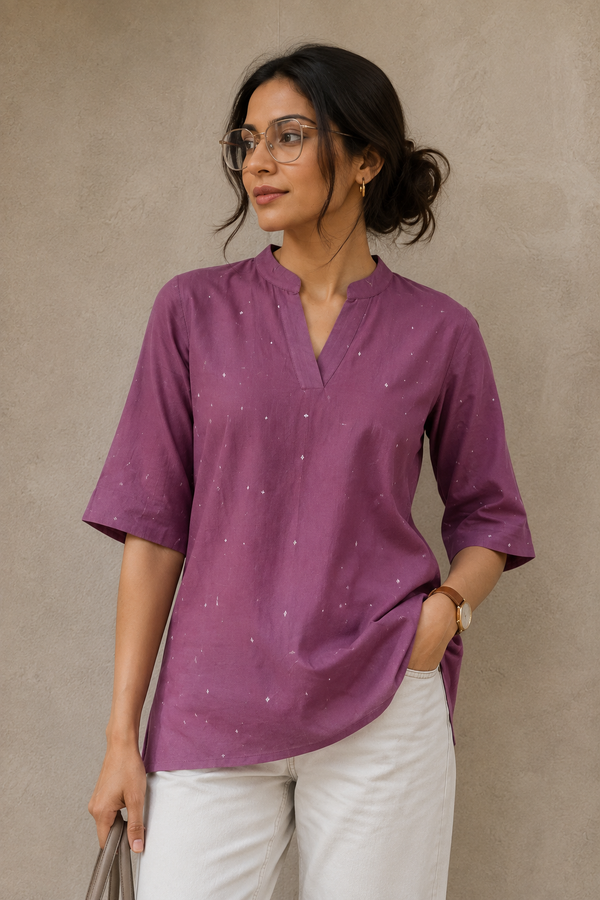Mauve Purple Handloom Cotton Cut-Print Crop Top