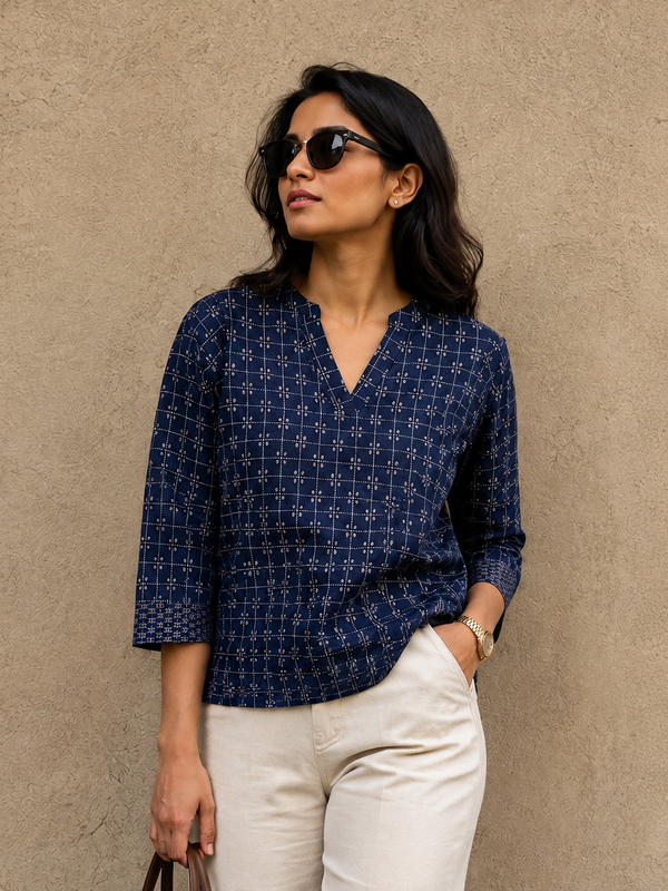 Royal Blue Pure Cotton Embroidered Kurta Top | Relaxed Indian Workwear