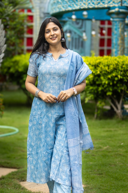 Light blue pure cotton linen women kurta set