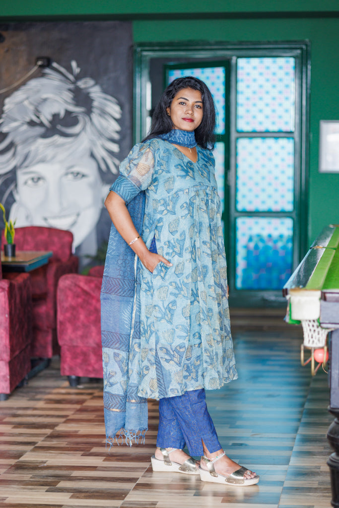 Peacock blue Jaipur kota cotton kurta suit