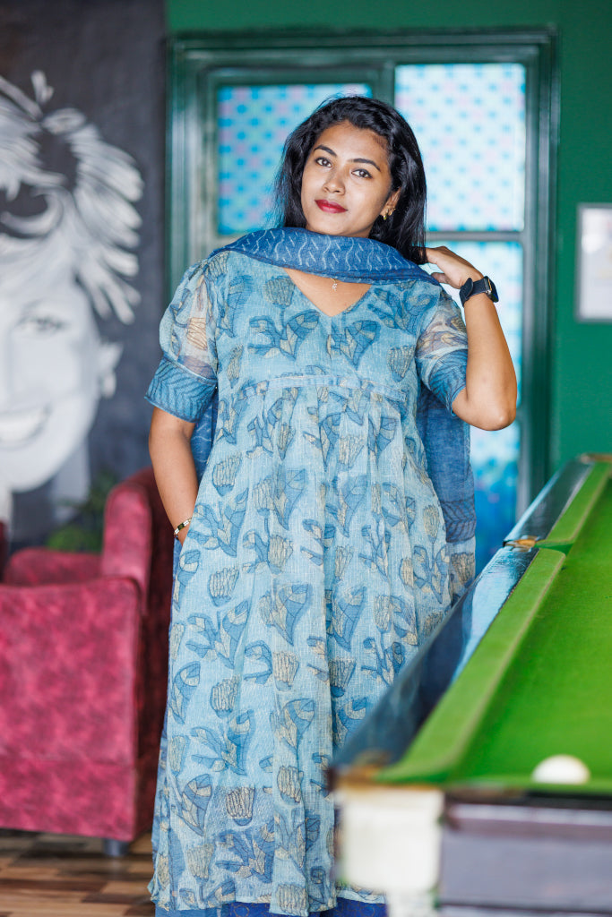 Peacock blue Jaipur kota cotton kurta suit