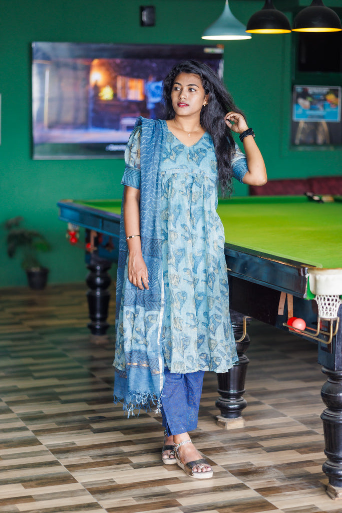 Peacock blue Jaipur kota cotton kurta suit
