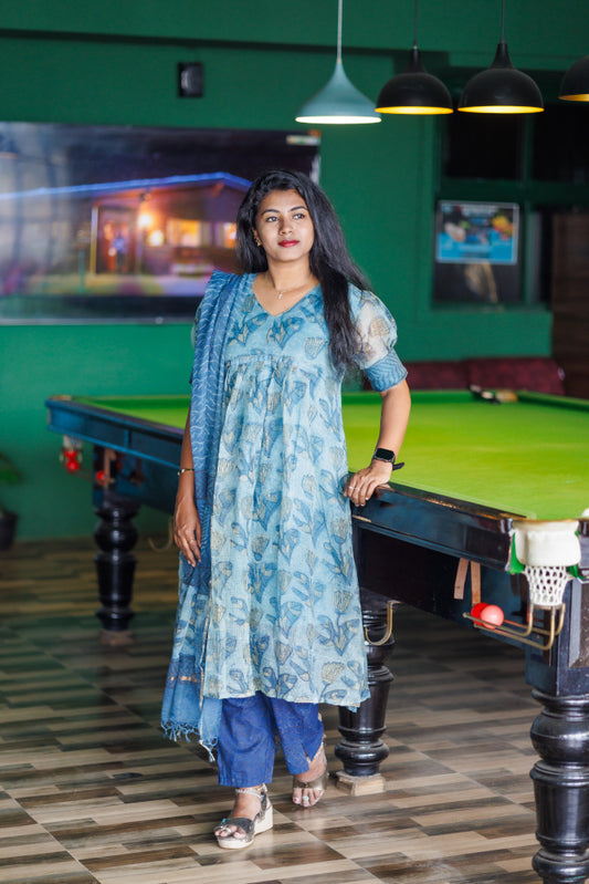 Peacock blue Jaipur kota cotton kurta suit