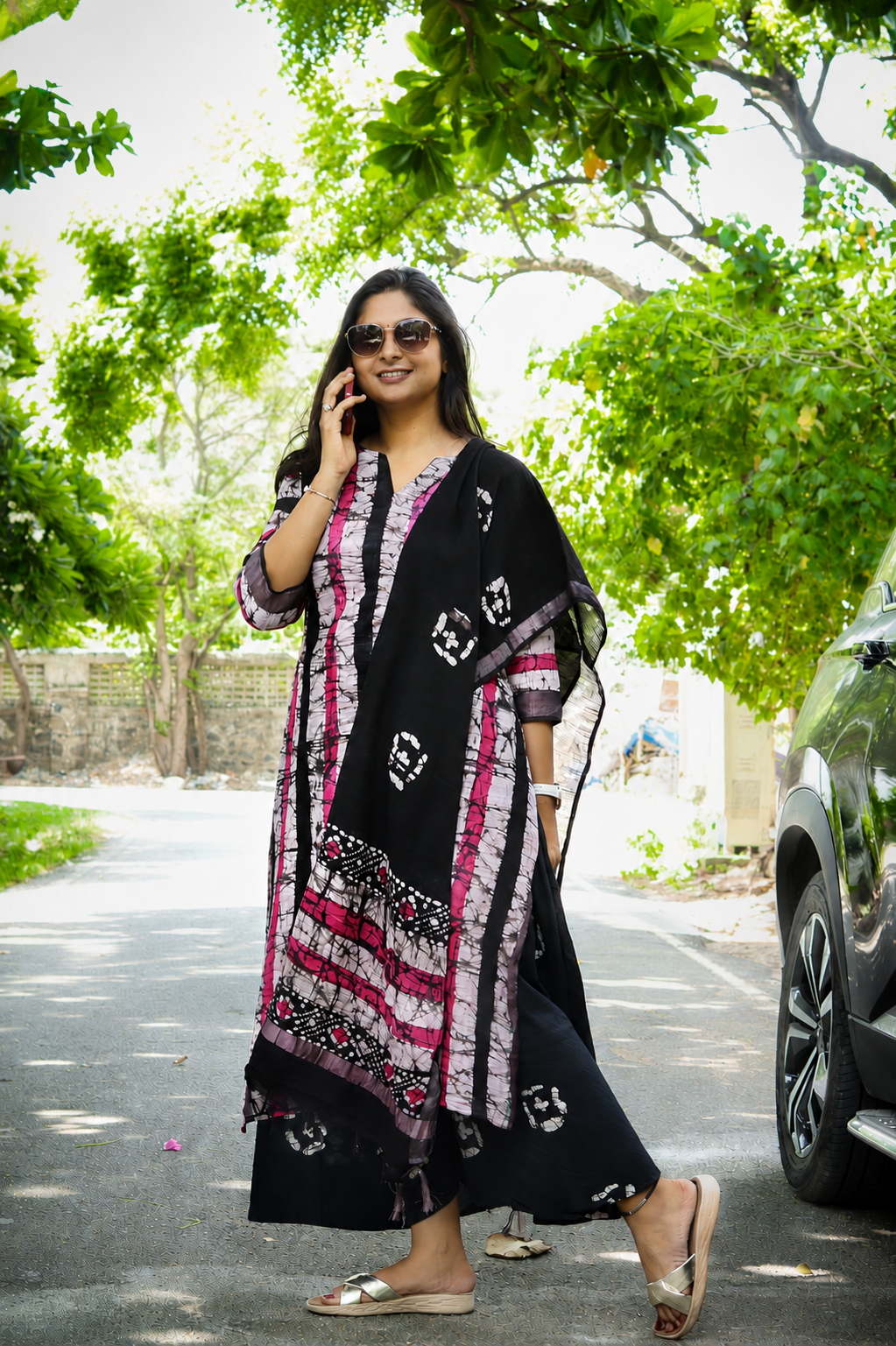 Black marble print linen kurta set pure cotton
