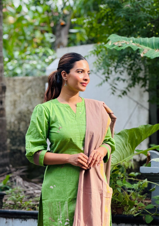 Green & sapotta pure cotton handloom women kurta set