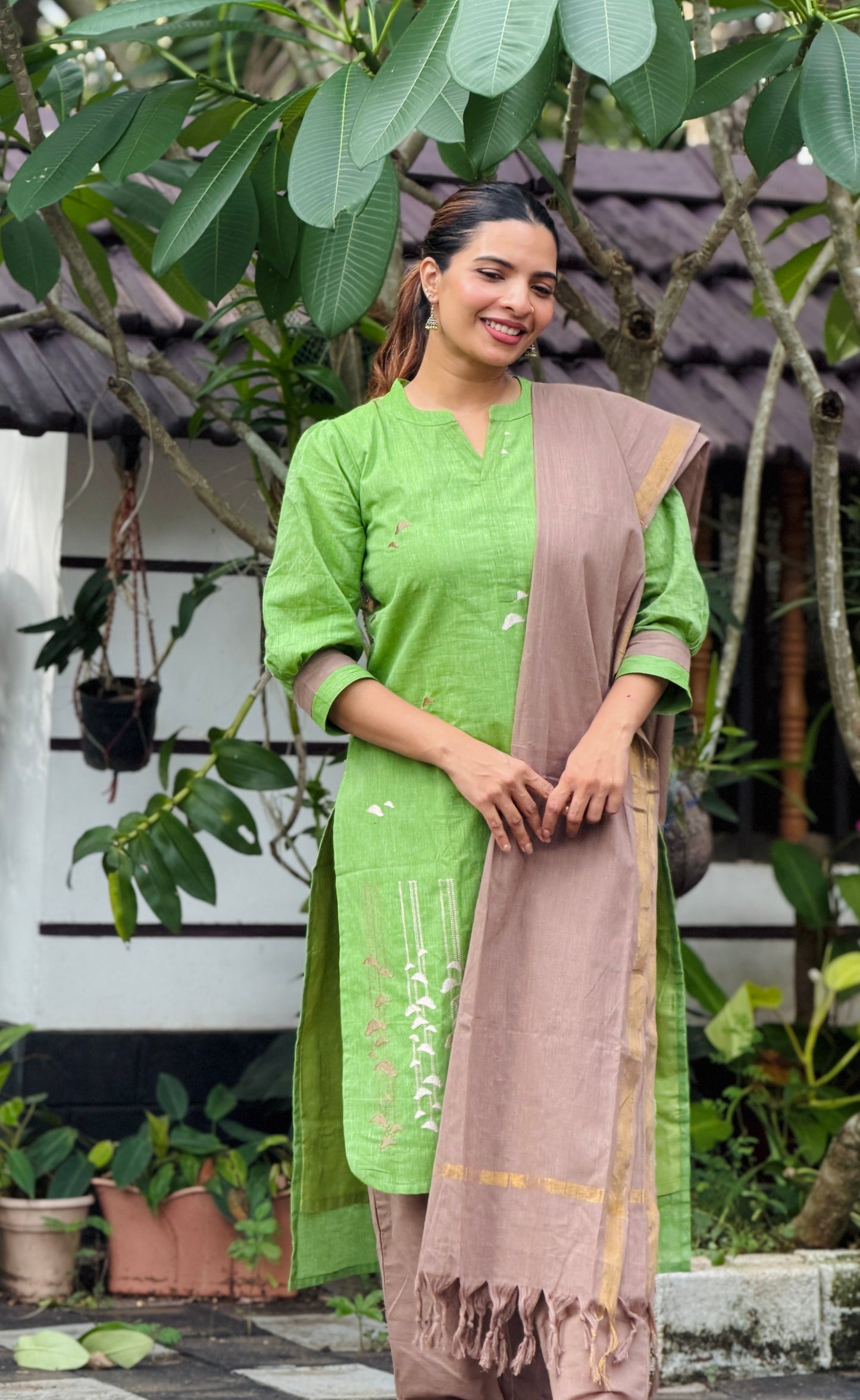 Green & sapotta pure cotton handloom women kurta set
