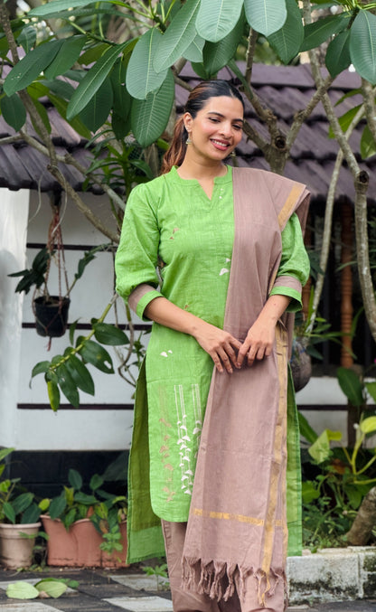 Green & sapotta pure cotton handloom women kurta set