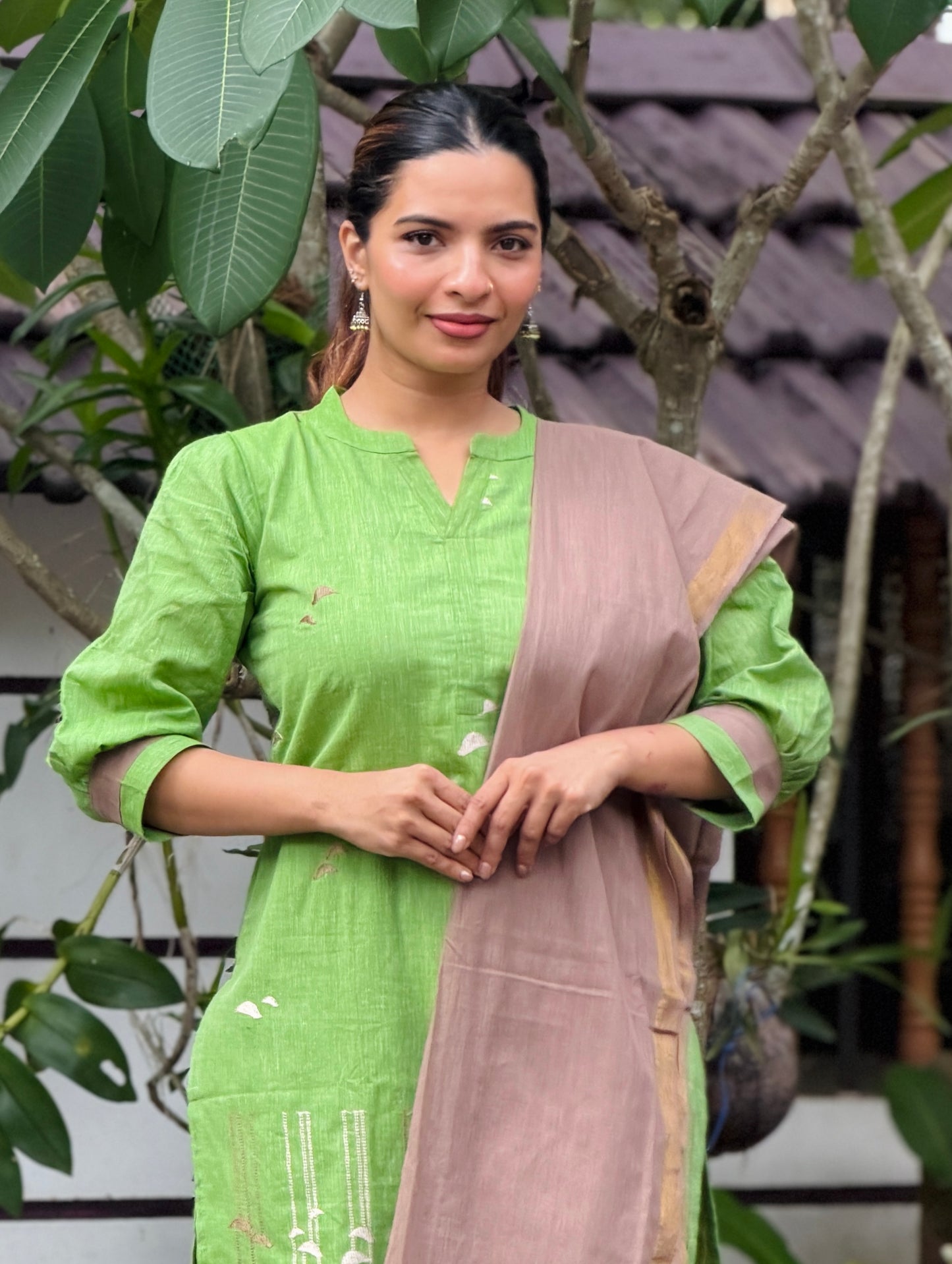 Green & sapotta pure cotton handloom women kurta set