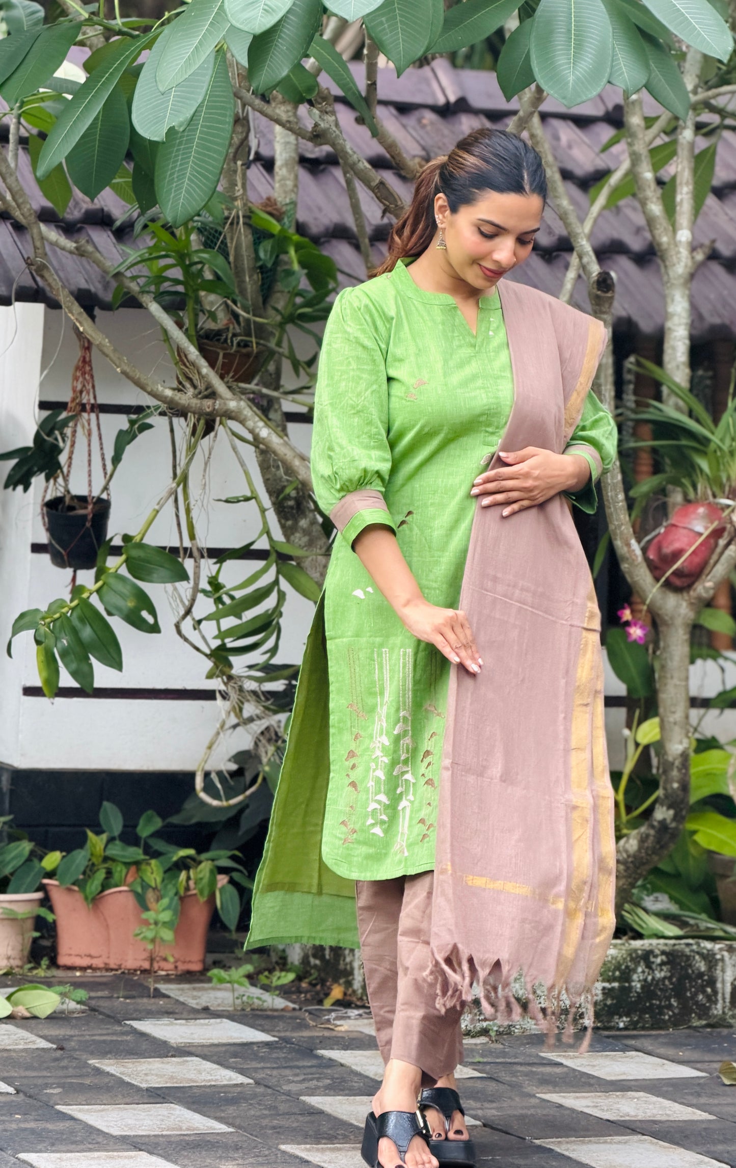 Green & sapotta pure cotton handloom women kurta set