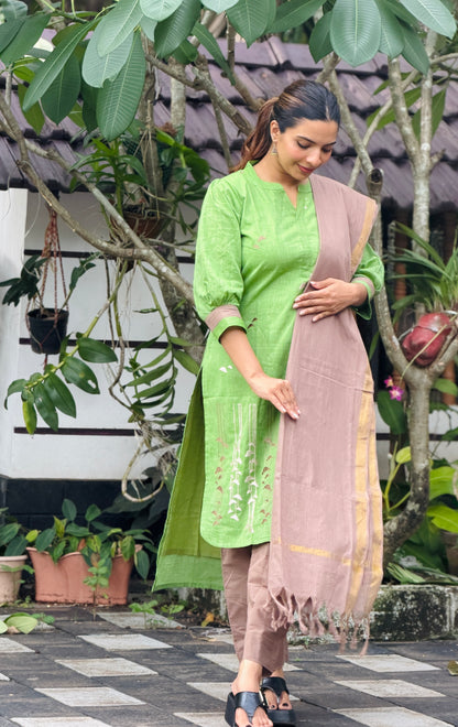 Green & sapotta pure cotton handloom women kurta set
