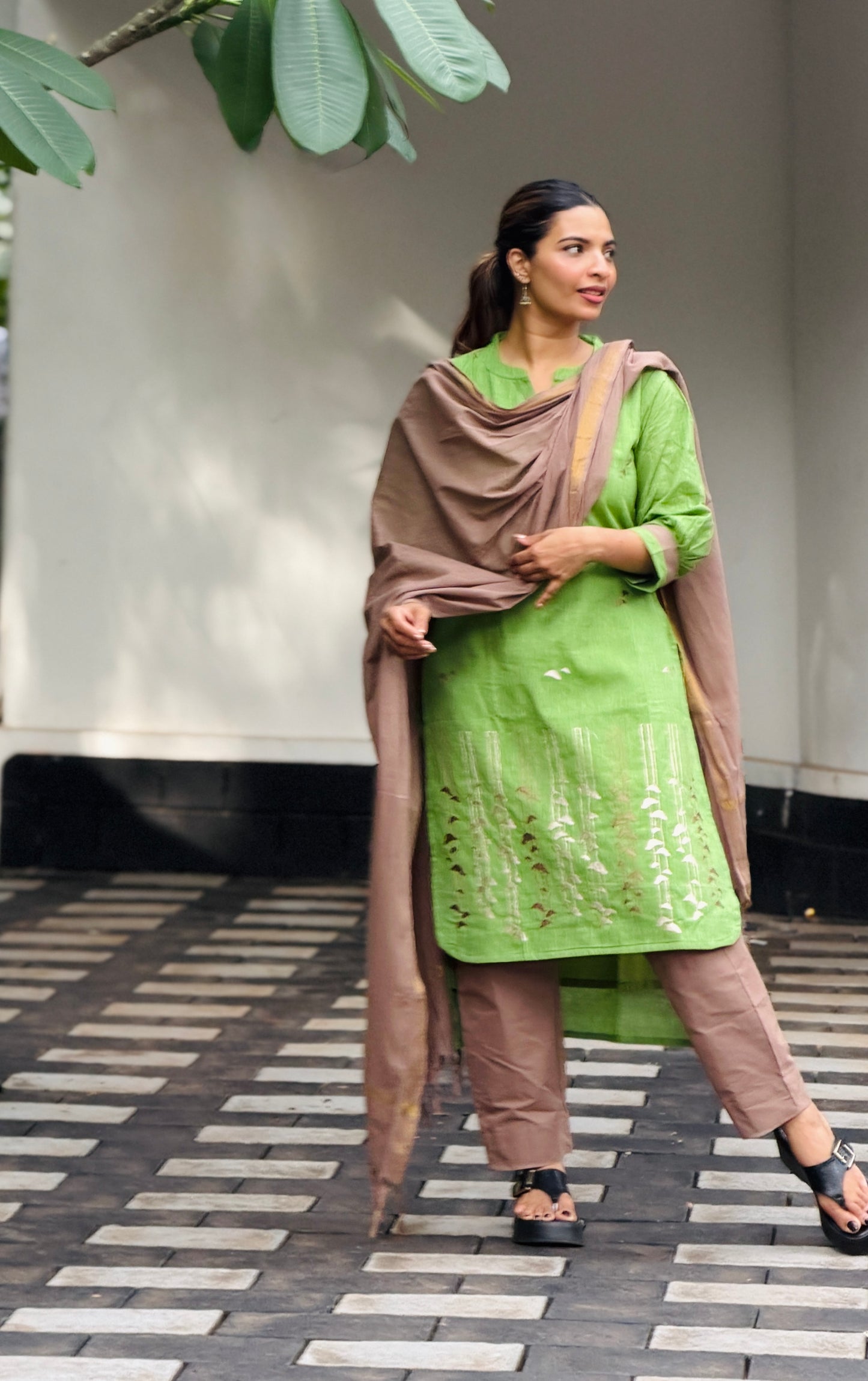Green & sapotta pure cotton handloom women kurta set