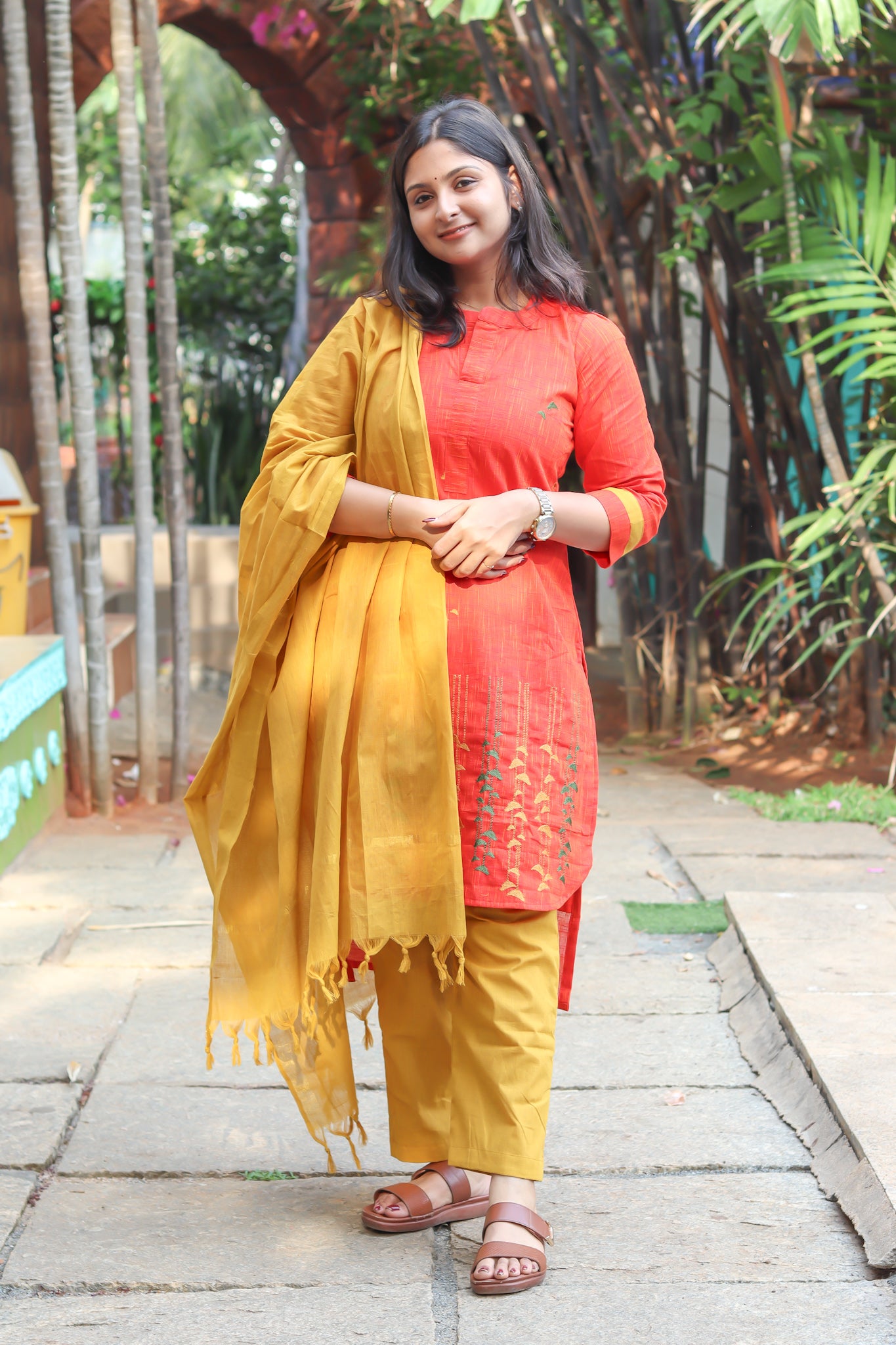 Coral and mustard pure cotton handloom women kurta set