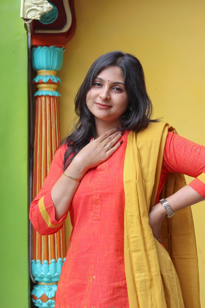 Coral and mustard pure cotton handloom women kurta set