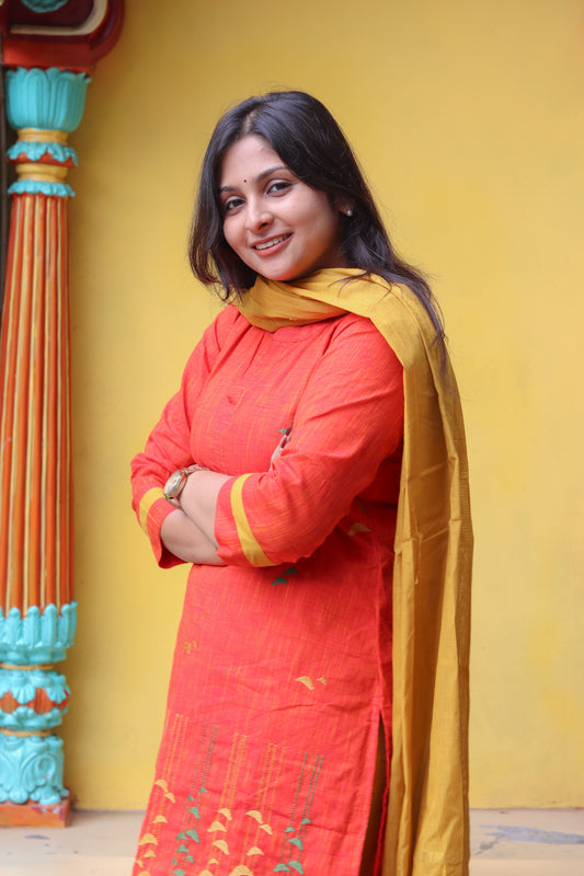 Coral and mustard pure cotton handloom women kurta set