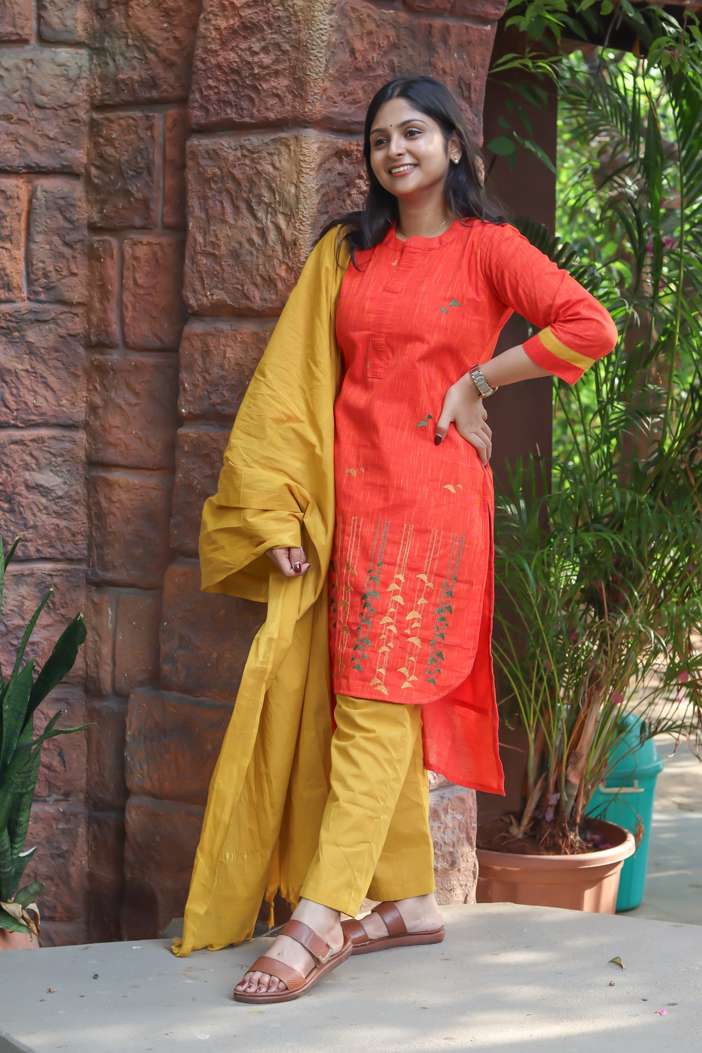 Coral and mustard pure cotton handloom women kurta set