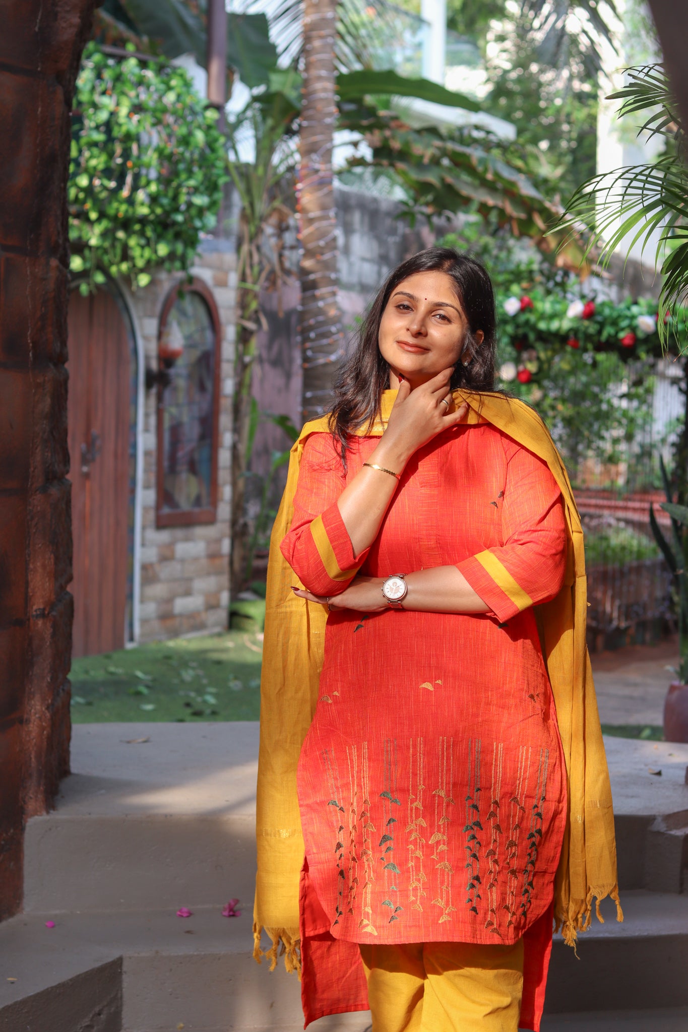Coral and mustard pure cotton handloom women kurta set