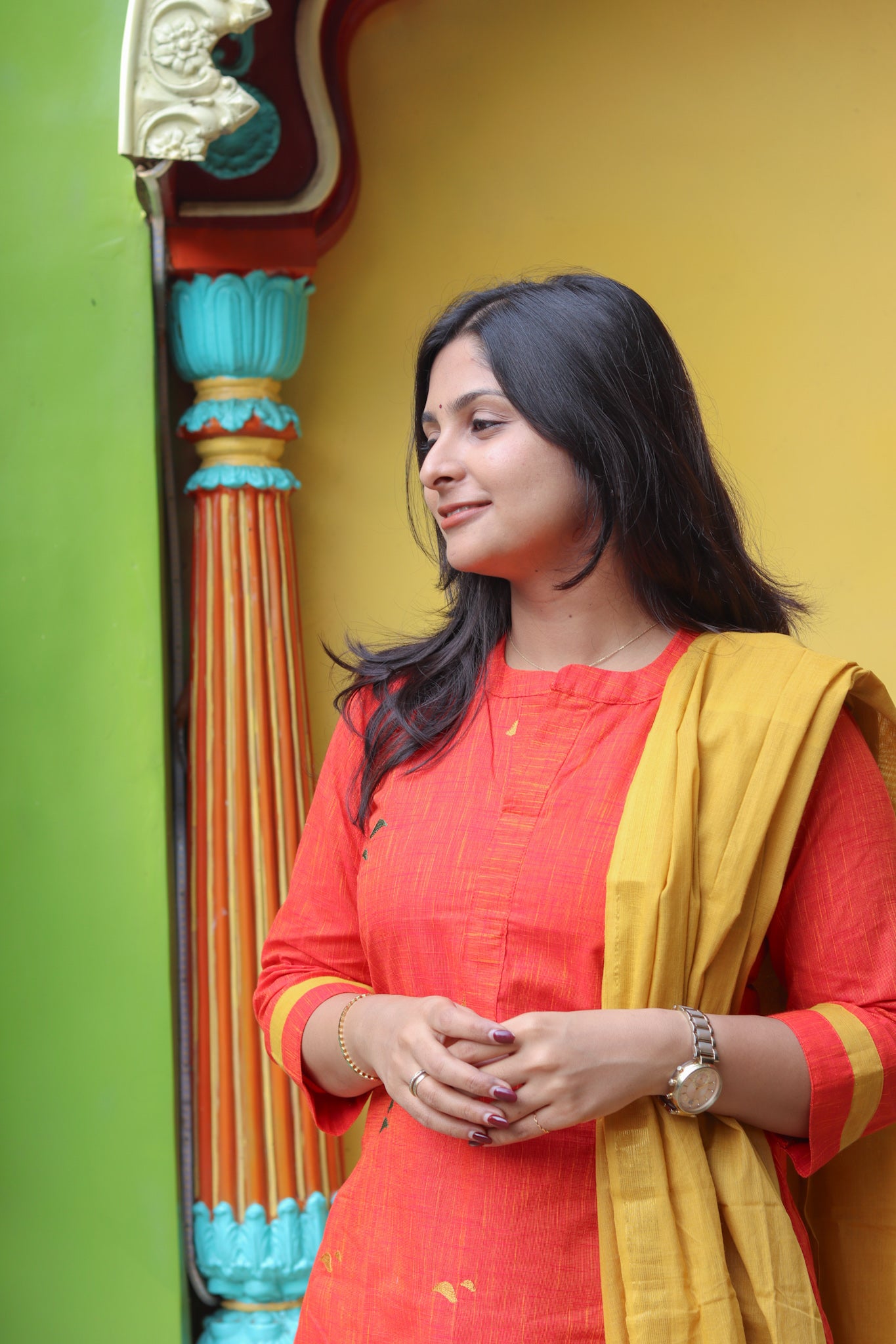 Coral and mustard pure cotton handloom women kurta set
