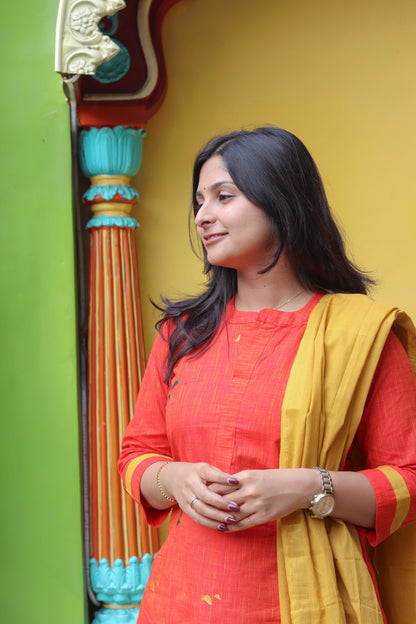 Coral and mustard pure cotton handloom women kurta set