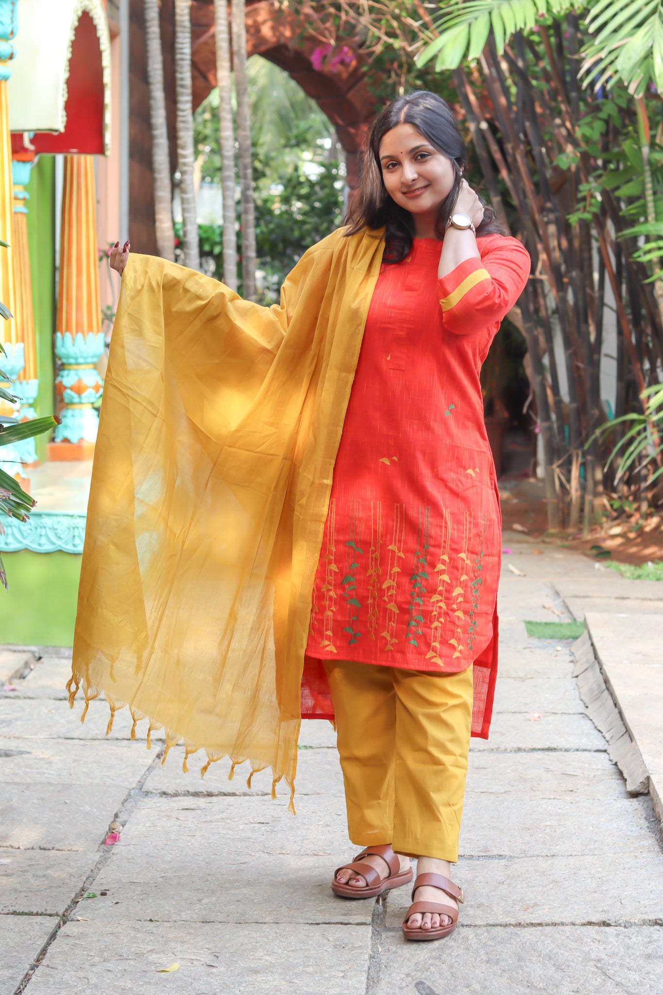 Coral and mustard pure cotton handloom women kurta set