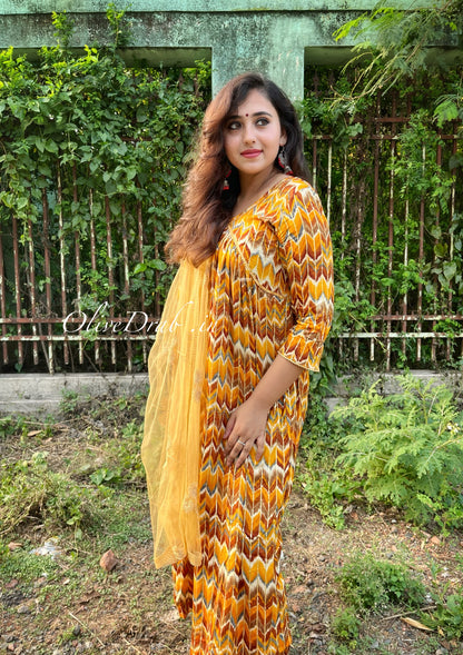 Yellow Alia cut cotton kurtaset with designer net dupatta