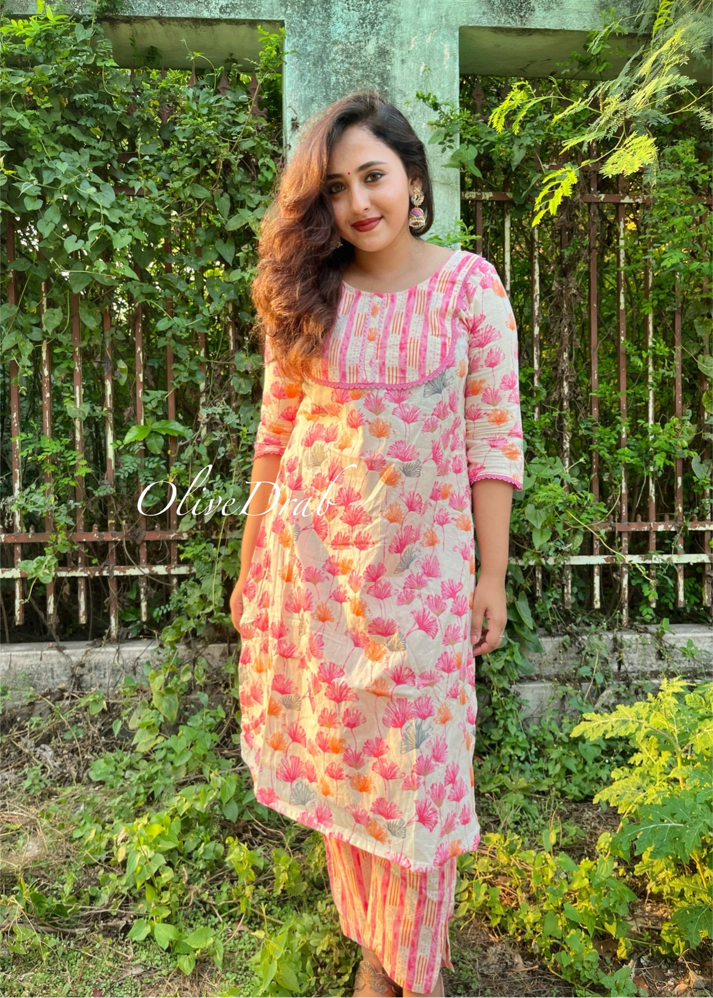 Pink floral pure Cotton kurta sets