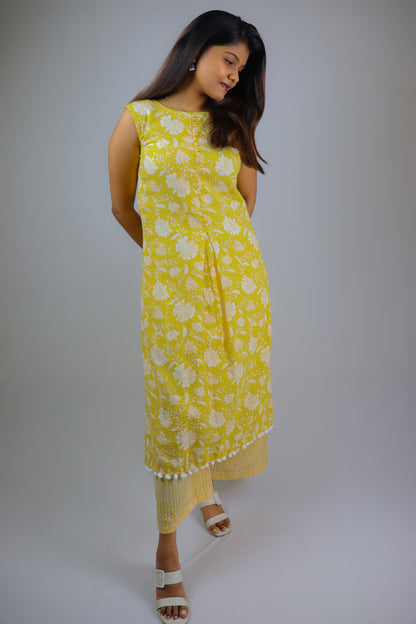 Lemon yellow pure cotton kurta for women