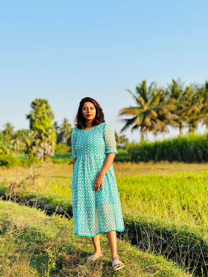 Teal Green embroidery net maxi dress
