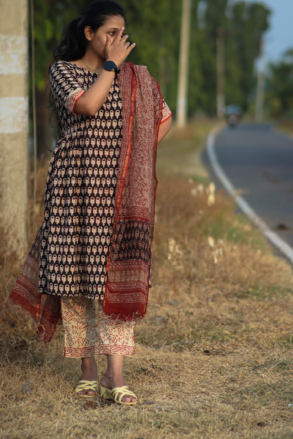 Black Maroon Jaipur cotton kurta set with kota doria dupatta