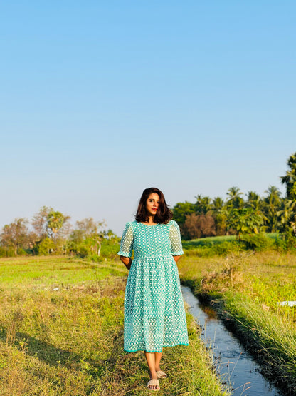 Teal Green embroidery net maxi dress