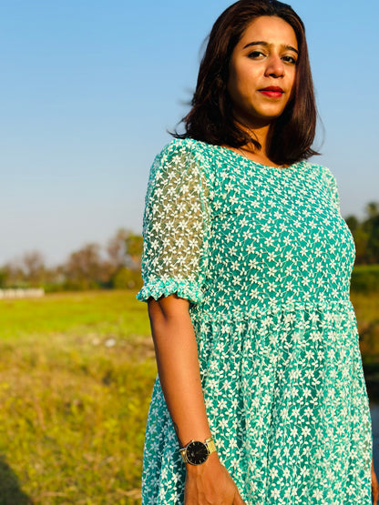 Teal Green embroidery net maxi dress