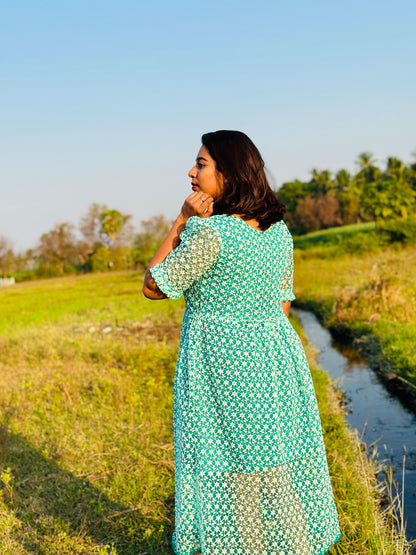 Teal Green embroidery net maxi dress