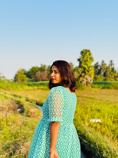 Teal Green embroidery net maxi dress