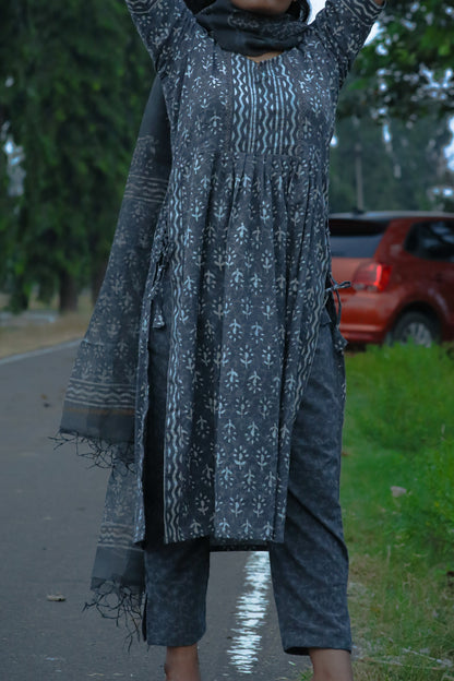 Grey Jaipur cotton kurta set with Kota doria dupatta
