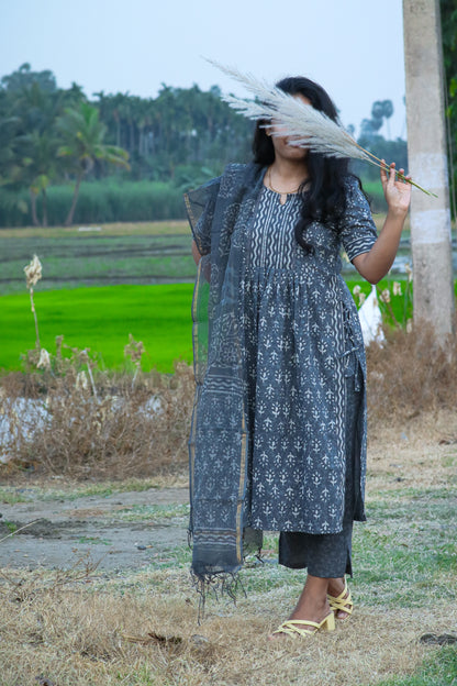 Grey Jaipur cotton kurta set with Kota doria dupatta