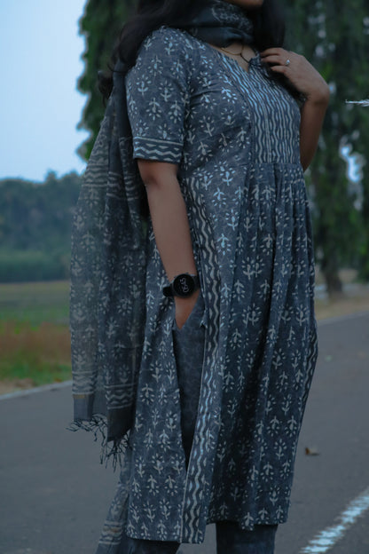 Grey Jaipur cotton kurta set with Kota doria dupatta