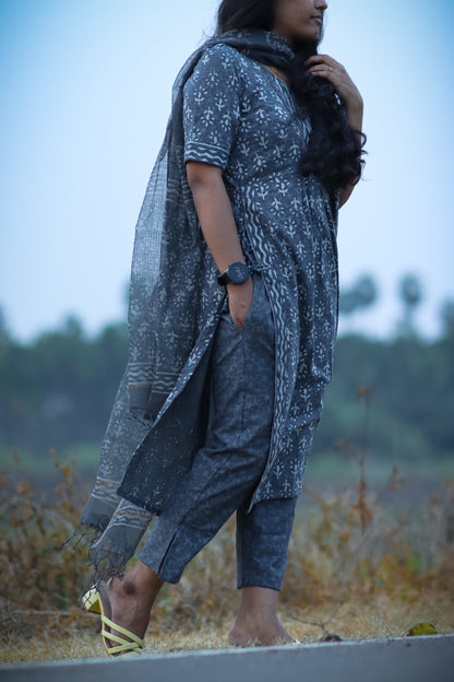 Grey Jaipur cotton kurta set with Kota doria dupatta
