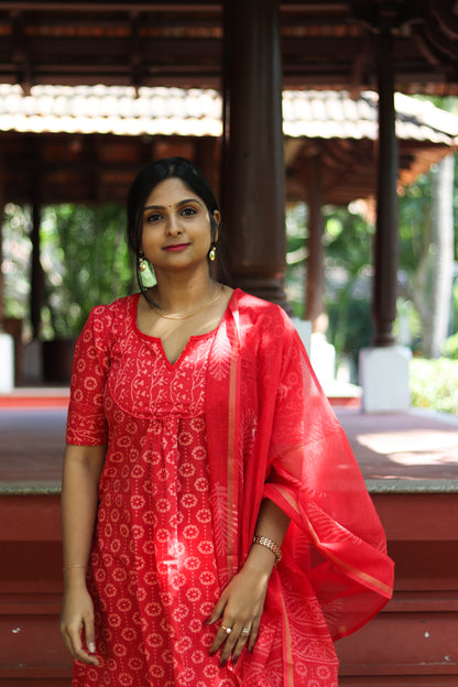 Peachy Red Jaipur cotton kurta set with Kota doria dupatta