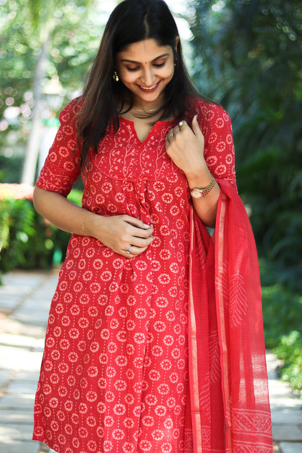 Peachy Red Jaipur cotton kurta set with Kota doria dupatta