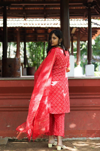 Peachy Red Jaipur cotton kurta set with Kota doria dupatta