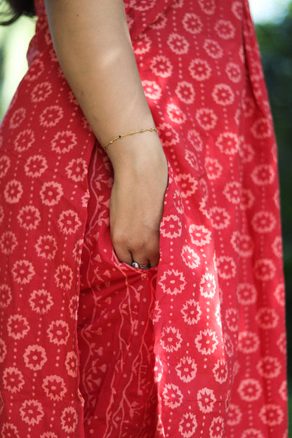 Peachy Red Jaipur cotton kurta set with Kota doria dupatta