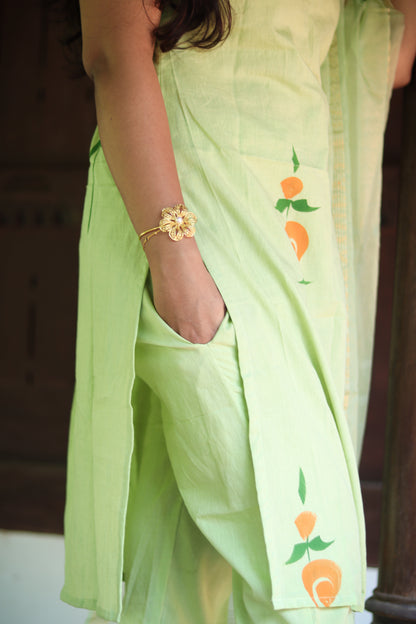 Light green Jaipur cotton kurta set with organza dupatta
