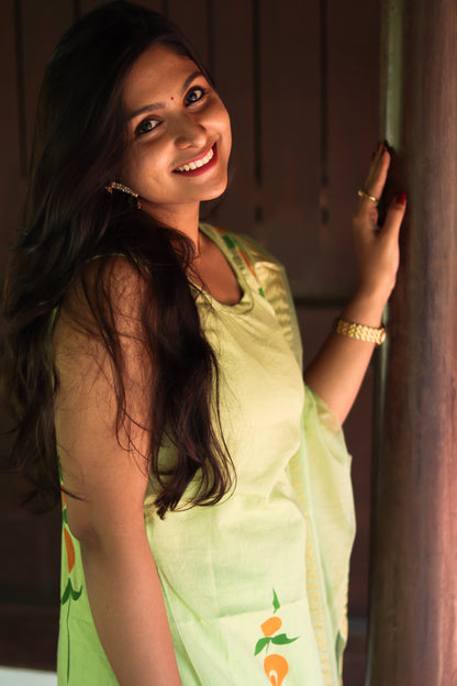 Light green Jaipur cotton kurta set with organza dupatta